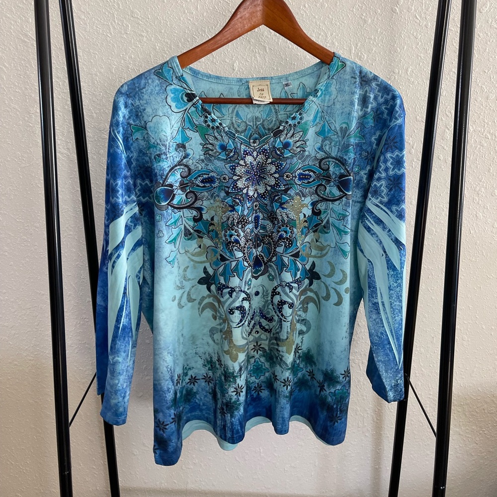 Jess & Jane XL Extra Large Floral Print Embellished Top Bling USA Made Funky